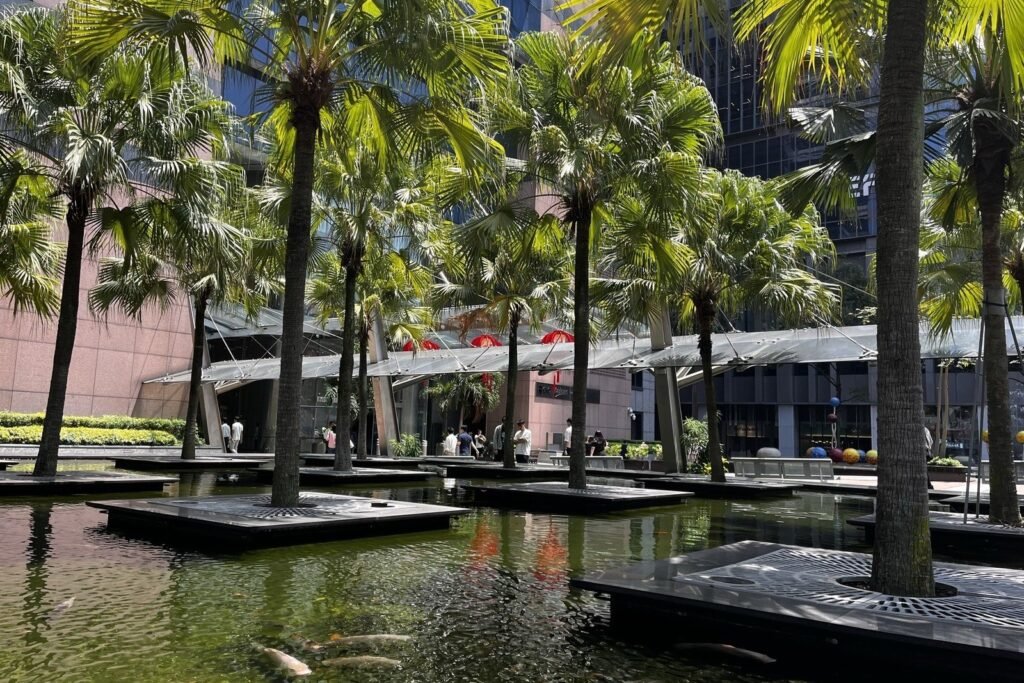 Capital Tower – Capital Tower entrance and koi pond at the landscaped Urban Plaza, Singapore CBD