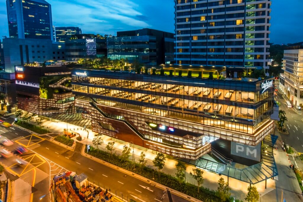 Funan Office Towers – Funan integrated development illuminated at night, North Bridge Road, Singapore