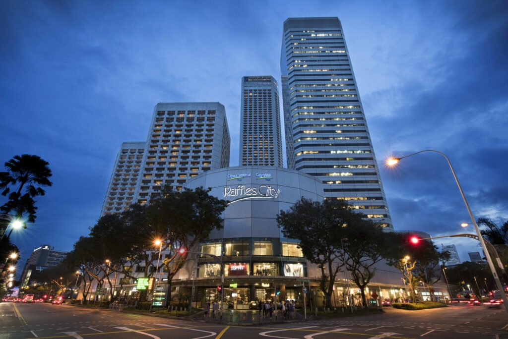 Raffles City Tower – Raffles City illuminated at night, North Bridge Road, Singapore