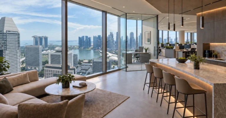Conventional office in Suntec City with Marina Bay skyline view, Singapore