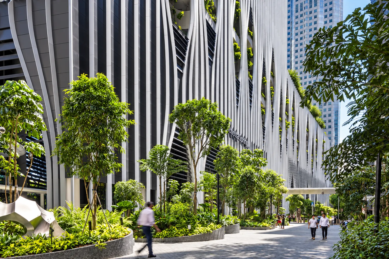 CapitaSpring street-level frontage and gardens, 88 Market Street, Singapore